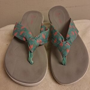 Women's Teal and Pink Flamingo Sandals CLARKS size 8.5 Comfortable Clean
